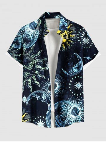 Plus Size Sun Moon Star Print Hawaii Button Pocket Shirt For Men - BLACK - 4XL