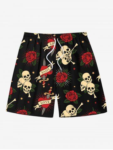 Plus Size Skull Rose Flower Heart Sword Print Halloween Drawstring Beach Shorts For Men - BLACK - 7XL