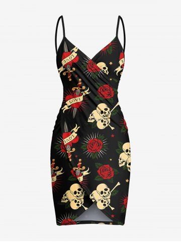 Plus Size Skull Rose Flower Heart Sword Print Halloween Convertible Beach Cover Up - BLACK - 1X