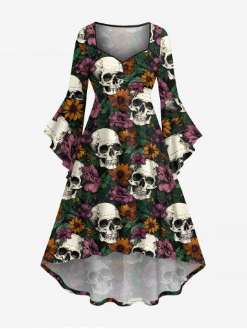 Plus Size Skull Flower Print Hawaii Ruched High Low Asymmetric Dress - DEEP GREEN - 6X