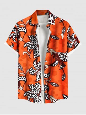 Plus Size Leopard Hibiscus Flower Leaf Print Hawaii Button Pocket Shirt For Men - ORANGE - 4XL