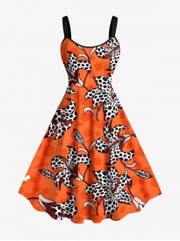 Plus Size Leopard Hibiscus Flower Leaf Print Hawaii A Line Tank Dress - ORANGE - S
