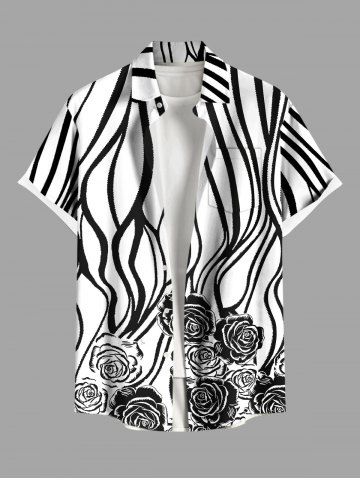 Plus Size Rose Flower Zebra Striped Print Hawaii Button Pocket Shirt For Men - WHITE - 3XL