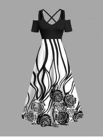 Plus Size Rose Flower Zebra Striped Print Hawaii Cold Shoulder Crisscross A Line Maxi Dress - WHITE - XXS