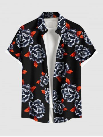 Plus Size Rose Flower Leaf Print Hawaii Button Pocket Shirt For Men - BLACK - 5XL