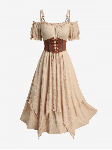 Plus Size Cold Shoulder Puff Sleeves Textured Lace Up Suede Belted Layered A Line Dress - APRICOT - 5X | US 30-32