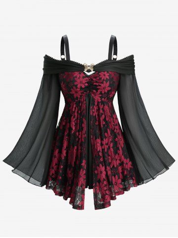Plus Size Cold Shoulder Chiffon Textured Flare Sleeve Two Tone Flower Lace Ruched Butterfly Buckle Top - BLACK - 3X | US 22-24