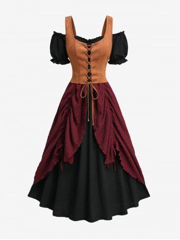Plus Size Grommets Lace Up Ruffles Cinched Hem Cold Shoulder Dress - BLACK - 1X | US 14-16