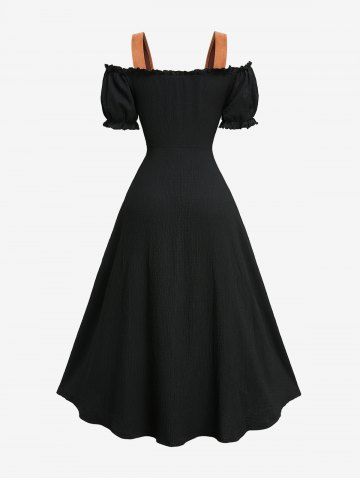 Plus Size Grommets Lace Up Ruffles Cinched Hem Cold Shoulder Dress