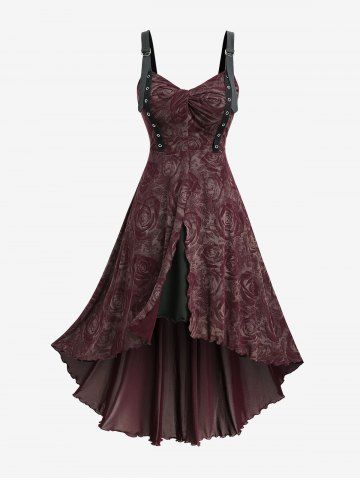 Plus Size Rose Flowers Print Ruched Grommets Ruffles High Low Tank Dress - RED WINE - L | US 12