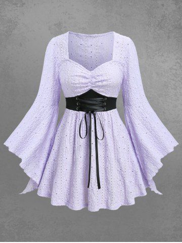 Haut grande taille à lacets, fronces, découpes ajourées et broderies florales, manches évasées - LILAC PURPLE - L | US 12