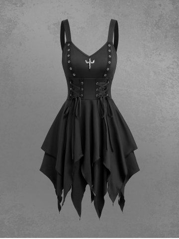 Gothic Lace Up Grommets Handkerchief Dress - BLACK - XXXL