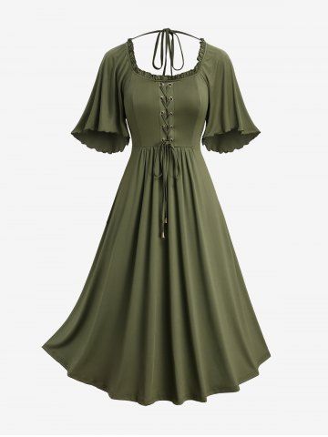 Plus Size Ruffles Grommets Lace Up Halter Square Neck Dress - OLIVE GREEN - L | US 12
