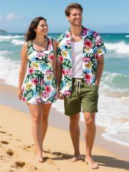 Ensemble chemise et barboteuse hawaïennes assorties, grande taille, tenue de plage, imprimé feuilles tropicales et hibiscus, pour couples - Blanc 