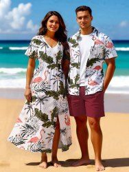 Coconut Tree Flower Leaf Flamingo Print Plus Size Matching Hawaii Beach Outfit For Couples -  