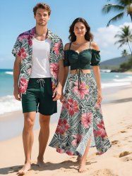 Tenue de plage hawaïenne assortie grande taille à imprimé feuilles et fleurs d'hibiscus pour couples - Noir 