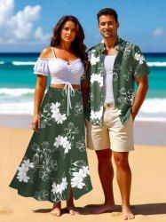 Hibiscus Flower Leaf Branch Print Plus Size Matching Hawaii Beach Outfit For Couples -  
