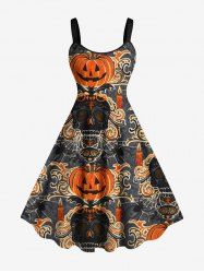 Plus Size Halloween Pumpkin Skull Candles Spider Web Print Tank Dress -  