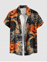 Plus Size Halloween Pumpkin Skull Candles Spider Web Print Buttons Pocket Shirt For Men -  
