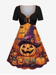Plus Size Halloween Pumpkin Bat Spider Web Print Cinched Dress -  