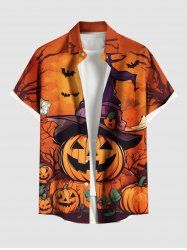 Plus Size Halloween Pumpkin Bat Spider Web Print Buttons Pocket Shirt For Men -  