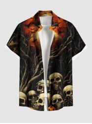 Plus Size Halloween Skulls Pumpkin Bat Moon Tree Print Buttons Pocket Shirt For Men -  