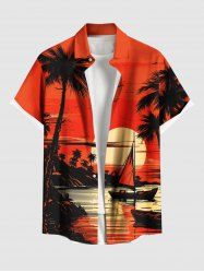 Plus Size Coconut Tree Sun Bird Boat Seascape Print Buttons Pocket Hawaii Shirt For Men -  
