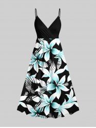 Plus Size Tropical Leaf Flowers Print Surplice Hawaii Cami Dress -  