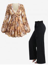 Chemisier 2 en 1 à manches longues et volants, imprimé floral, broderie, froncé, pantalon large, tenue grande taille - café lumière 