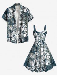 Flowers Leaf Tropical Print Plus Size Matching Hawaii Beach Outfit For Couples -  