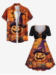 Halloween Pumpkin Bat Spider Web Print Plus Size Matching Outfit For Couples -  