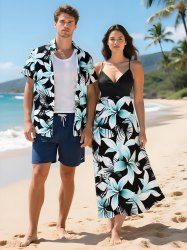 Tropical Leaf Flowers Print Plus Size Matching Hawaii Beach Outfit For Couples -  