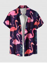 Plus Size Tropical Leaf Flamingo Print Hawaii Button Pocket Shirt For Men -  