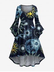 Robe asymétrique grande taille à imprimé soleil, lune et étoiles, style hawaïen, froncée, taille haute et basse - Bleu Marine 5X