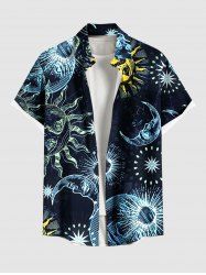 Plus Size Sun Moon Star Print Hawaii Button Pocket Shirt For Men -  