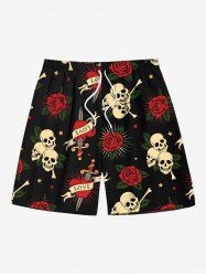 Plus Size Skull Rose Flower Heart Sword Print Halloween Drawstring Beach Shorts For Men -  