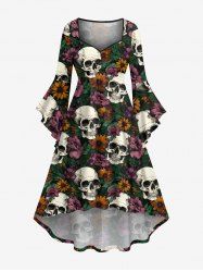 Robe asymétrique grande taille à imprimé tête de mort et fleurs hawaïennes, froncée, taille haute et basse - Vert profond 4X