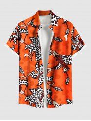 Chemise hawaïenne grande taille à imprimé léopard, hibiscus, fleurs et feuilles, avec poches boutonnées pour homme - Orange 3XL