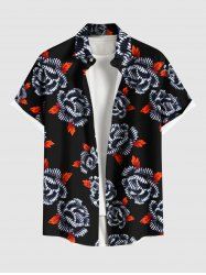 Plus Size Rose Flower Leaf Print Hawaii Button Pocket Shirt For Men -  