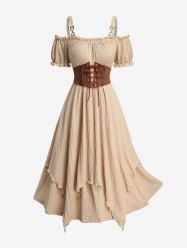 Plus Size Cold Shoulder Puff Sleeves Textured Lace Up Suede Belted Layered A Line Dress -  