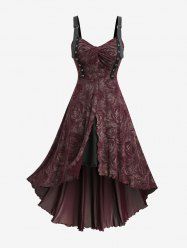 Plus Size Rose Flowers Print Ruched Grommets Ruffles High Low Tank Dress -  