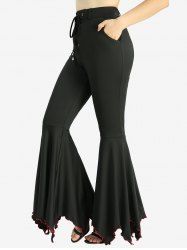 Plus Size Lace Up Contrast Piping Solid Elastic Waist Flare Pants -  