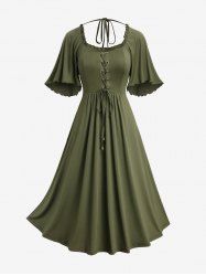 Plus Size Ruffles Grommets Lace Up Halter Square Neck Dress -  