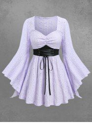Plus Size Lace Up Ruched Hollow Out Floral Embroidery Flare Sleeves Top -  