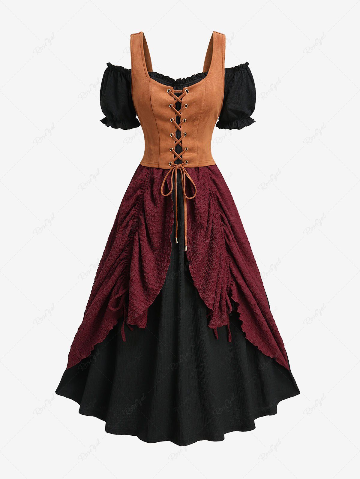 Discount Plus Size Medieval Renaissance Peasant Corset Lace Up Layered Dress Tavern Maid Costume  