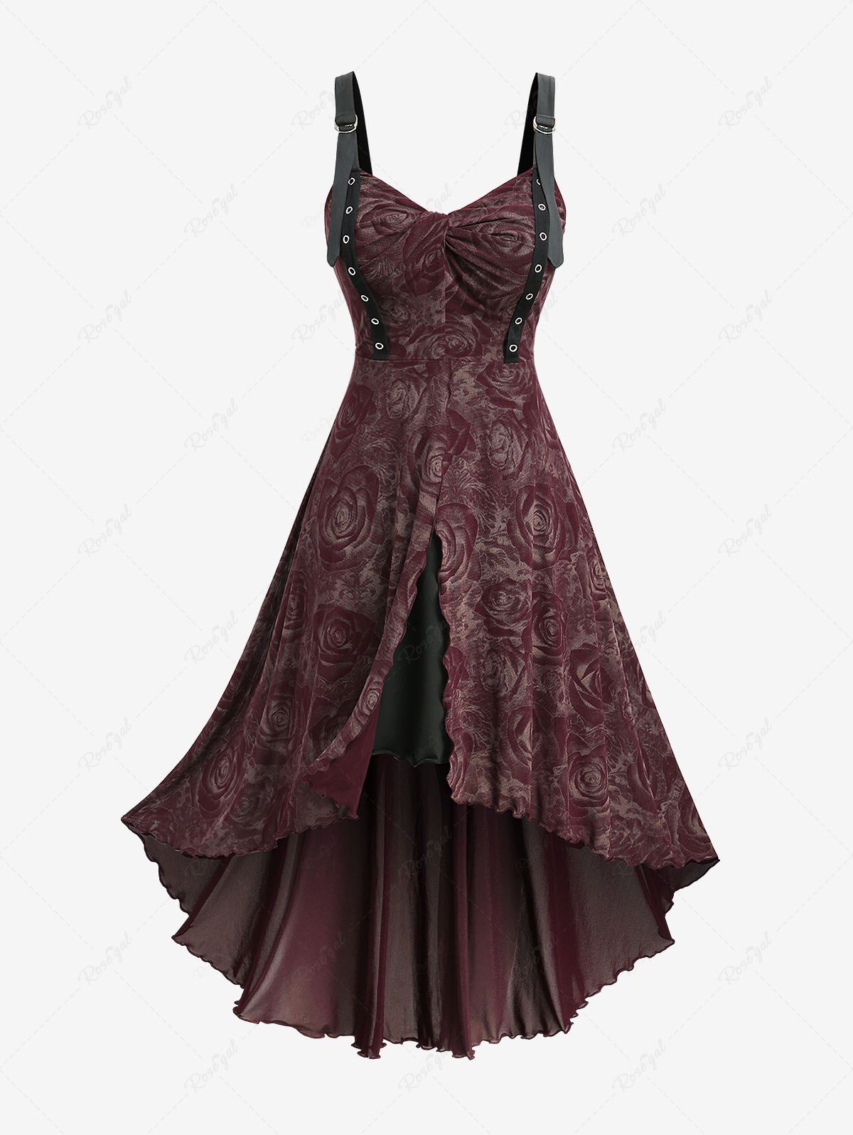 New Plus Size Rose Flowers Print Ruched Grommets Ruffles High Low Tank Dress  