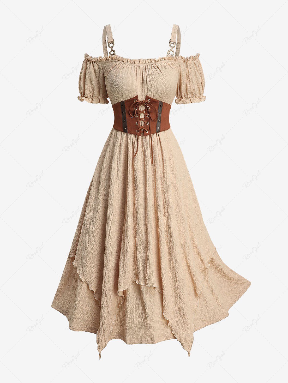 Robe trapèze à volants, épaules dénudées, manches bouffantes, en daim texturé, à lacets, avec ceinture, à superpositions Abricot L | US 12