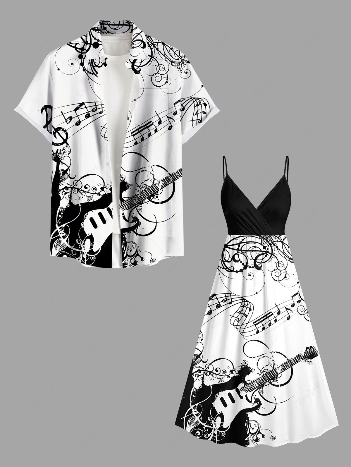 Discount Guitar Music Symbol Print Plus Size Matching Hawaii Beach Outfit For Couples  