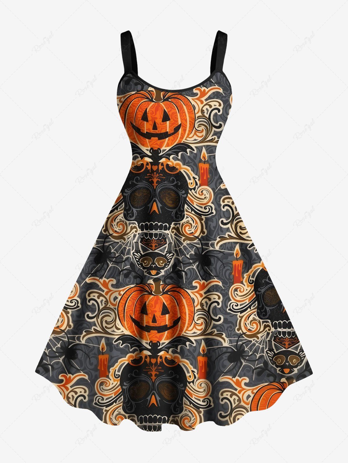 Buy Plus Size Halloween Pumpkin Skull Candles Spider Web Print Tank Dress  