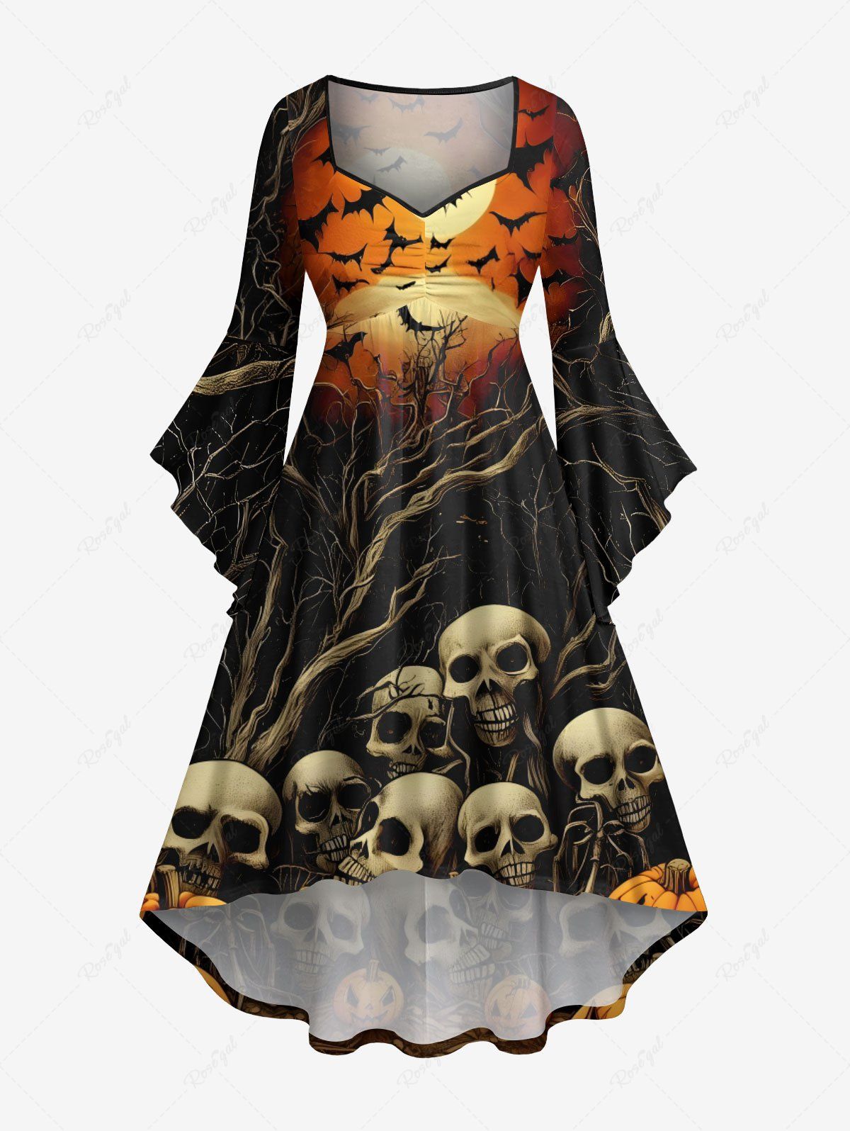Shop Plus Size Halloween Skulls Pumpkin Bat Moon Tree Print Flare Sleeves High Low Dress  
